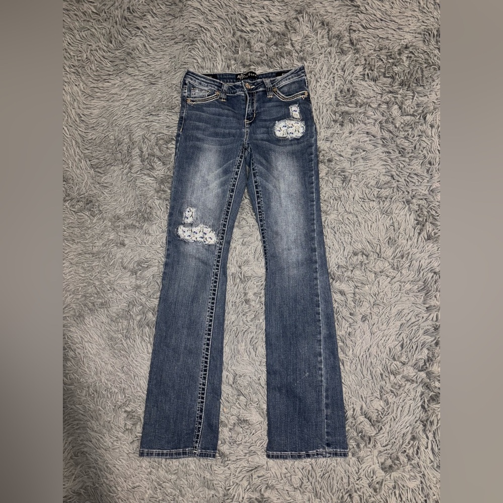 Affliction Women’s Y2K Jade Jeans Bootcut Floral Bull Patches Distressed Size 27